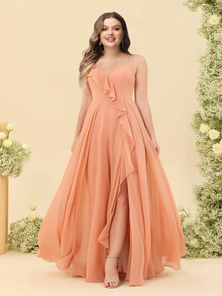 A-Line/Princess Spaghetti Straps V-Neck Long Plus Size Bridesmaid Dresses with Split Side & Ruffles sold by Lavetir