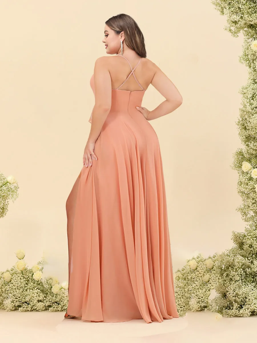 A-Line/Princess Spaghetti Straps V-Neck Long Plus Size Bridesmaid Dresses with Split Side & Ruffles sold by Lavetir product image thumbnail 2