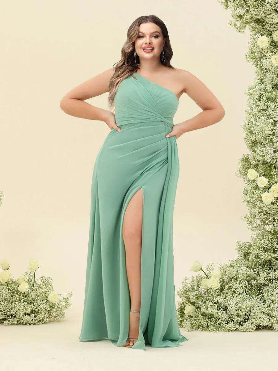 Sheath/Column One-Shoulder Long Ruched Plus Size Bridesmaid Dresses with Ruffles & Split Side sold by Lavetir