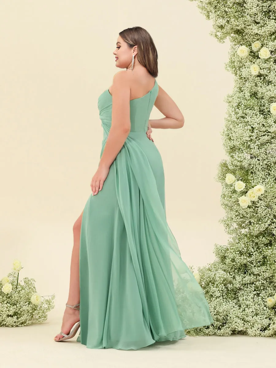 Sheath/Column One-Shoulder Long Ruched Plus Size Bridesmaid Dresses with Ruffles & Split Side sold by Lavetir product image thumbnail 2