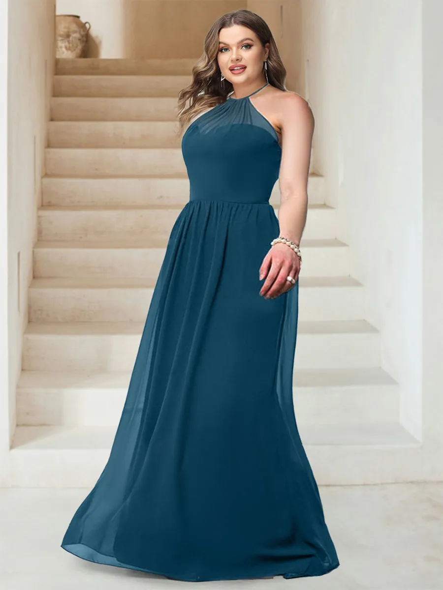 A-Line/Princess Halter Sleeveless Floor-Length Chiffon Ruched Plus Size Bridesmaid Dresses sold by Lavetir
