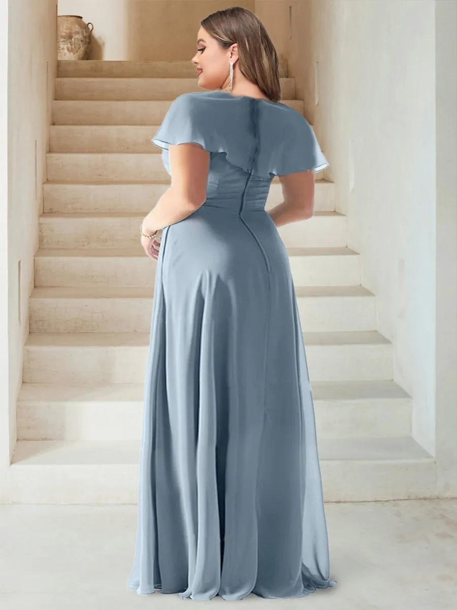 Sheath/Column V-Neck Short Sleeves Floor-Length Chiffon Plus Size Bridesmaid Dresses with Split Side sold by Lavetir product image thumbnail 2