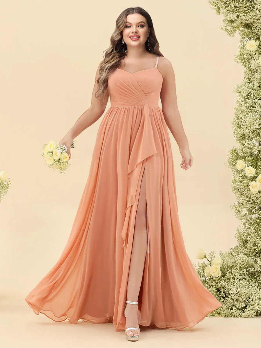 A-Line/Princess Floor-Length Spaghetti Straps Ruffles Plus Size Bridesmaid Dresses With Split Side sold by Lavetir