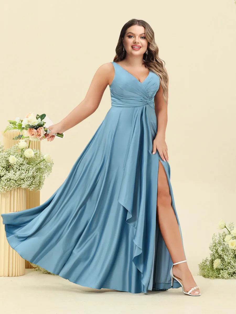 A-Line/Princess Floor-Length Sleeveless Ruffles Plus Size Bridesmaid Dresses With Split Side sold by Lavetir