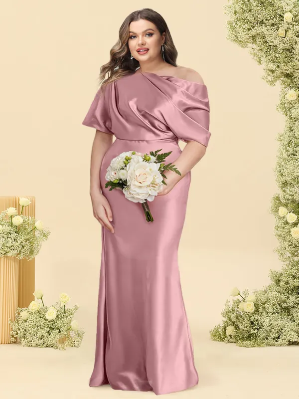 Trumpet/Mermaid One-Shoulder Half Sleeves Plus Size Bridesmaid Dresses With Ruched sold by Lavetir
