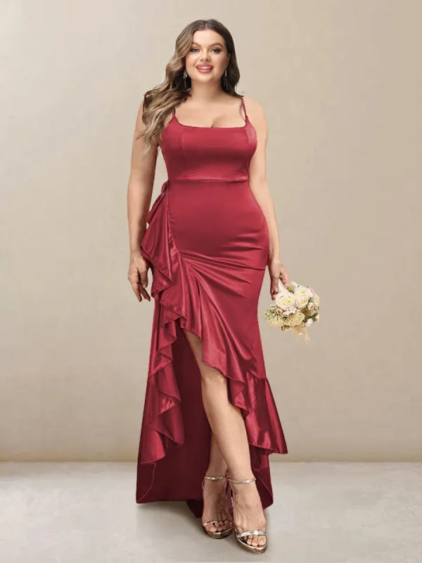 Sheath/Column Scoop Straps Ruffled Long Plus Size Bridesmaid Dresses with Split Side sold by Lavetir