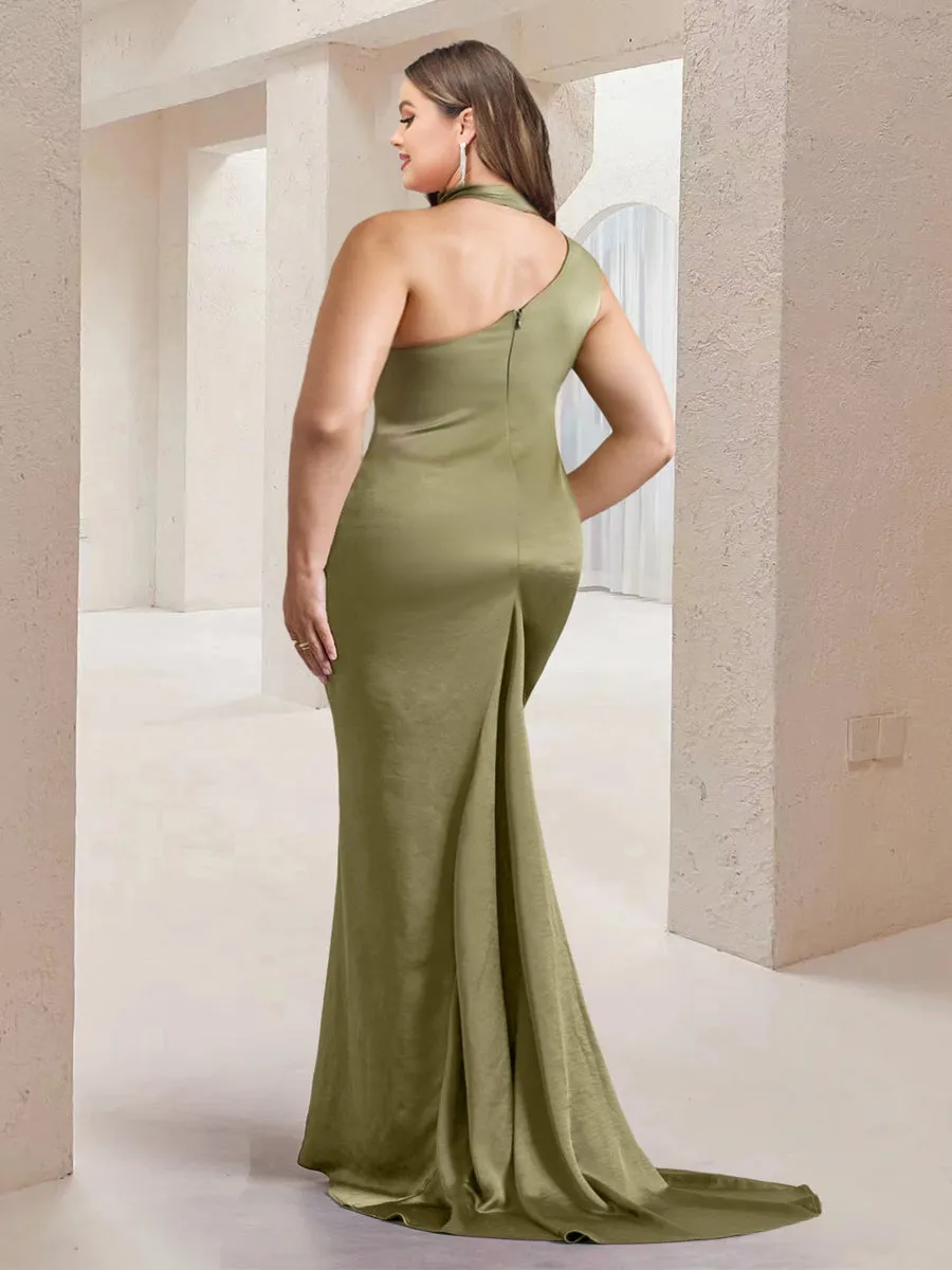 Sheath/Column Asymmetrical High Neck Ruched Long Plus Size Bridesmaid Dresses with Sash sold by Lavetir product image thumbnail 2