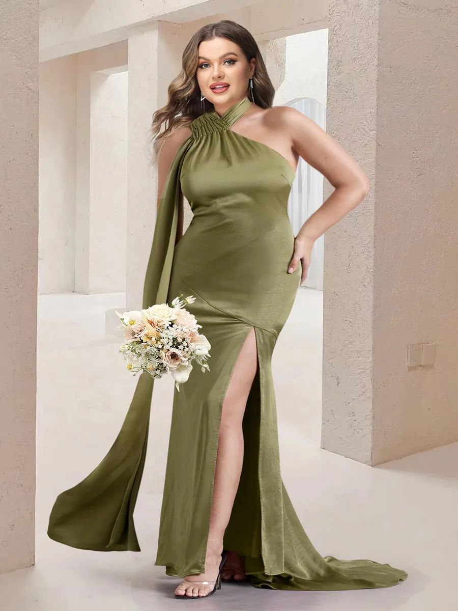 Sheath/Column Asymmetrical High Neck Ruched Long Plus Size Bridesmaid Dresses with Sash sold by Lavetir