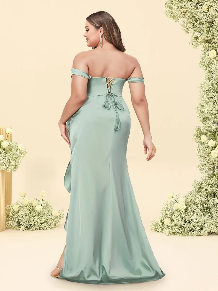 Sheath/Column Off-the-Shoulder Ruched Long Plus Size Bridesmaid Dresses with Ruffles sold by Lavetir product image thumbnail 2