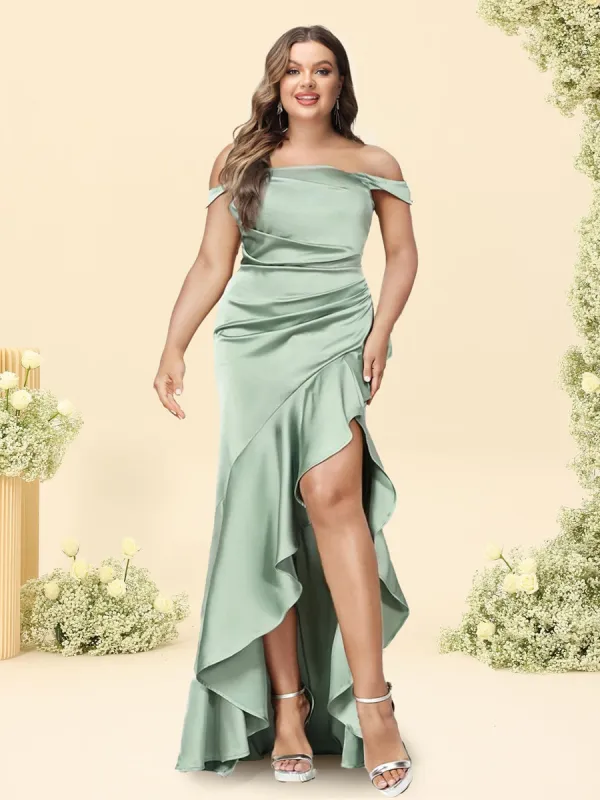Sheath/Column Off-the-Shoulder Ruched Long Plus Size Bridesmaid Dresses with Ruffles sold by Lavetir