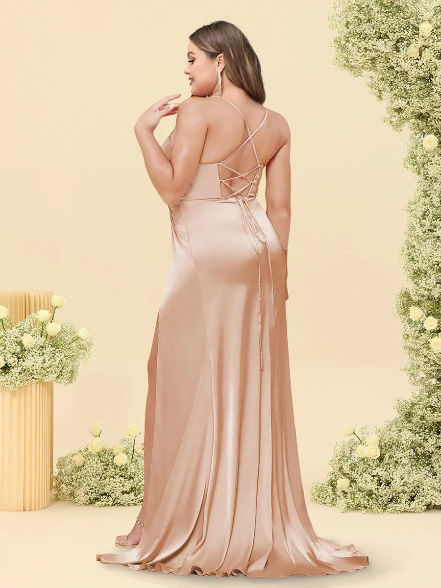 Trumpet/Mermaid Spaghetti Straps Ruched Split Side Plus Size Bridesmaid Dresses sold by Lavetir product image thumbnail 2