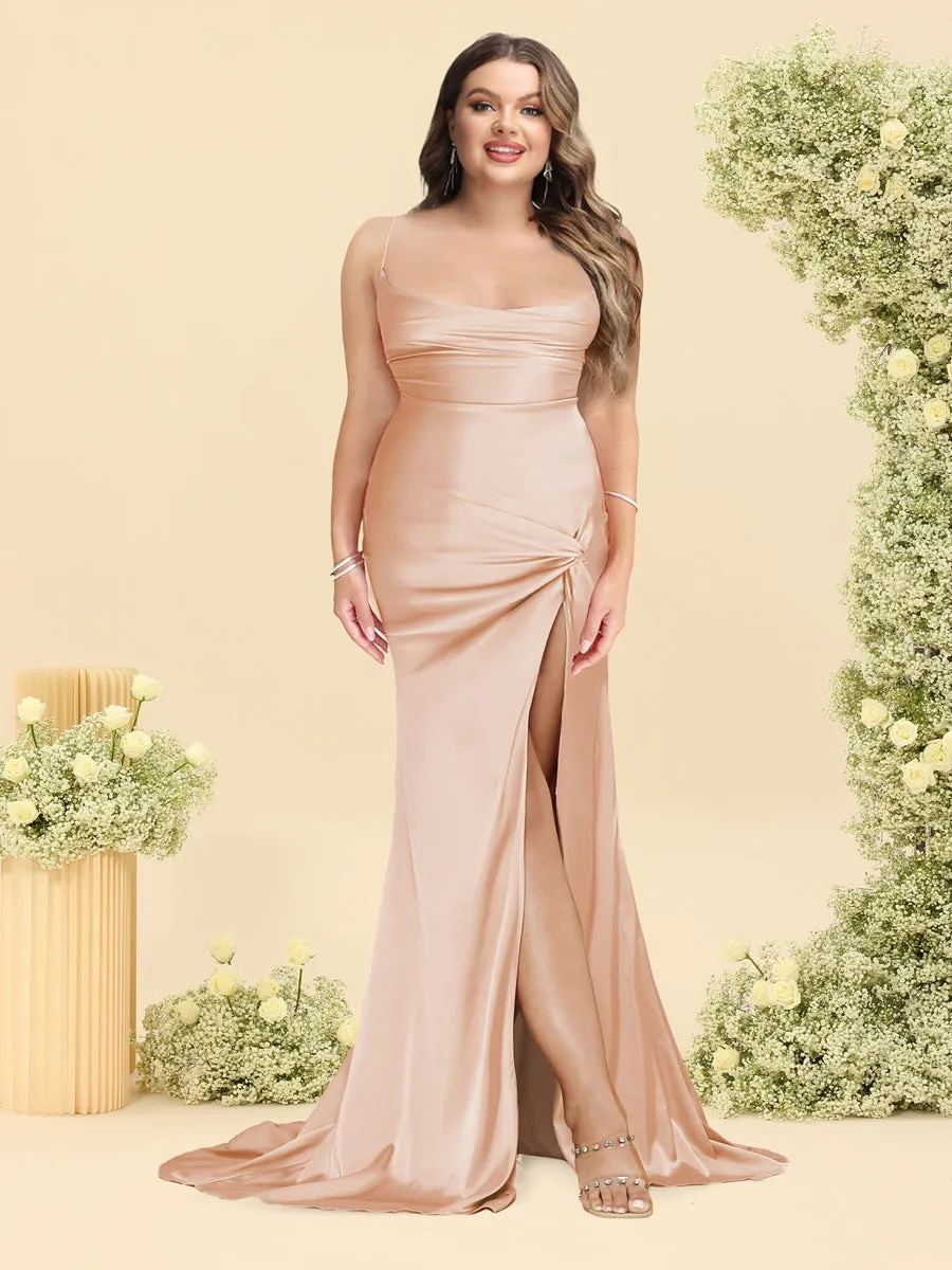 Trumpet/Mermaid Spaghetti Straps Ruched Split Side Plus Size Bridesmaid Dresses sold by Lavetir