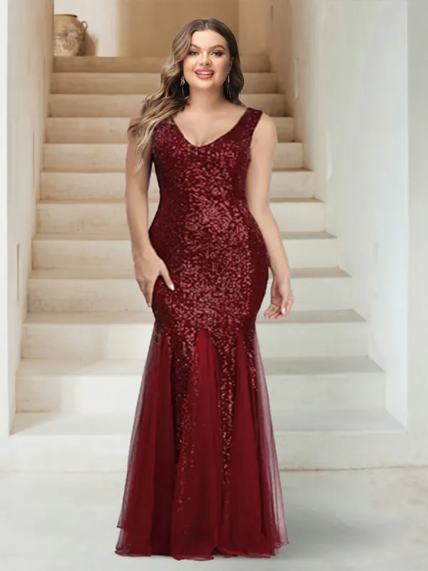 Sparkly Trumpet/Mermaid V-Neck Sleeveless Floor-Length Plus Size Bridesmaid Dresses sold by Lavetir