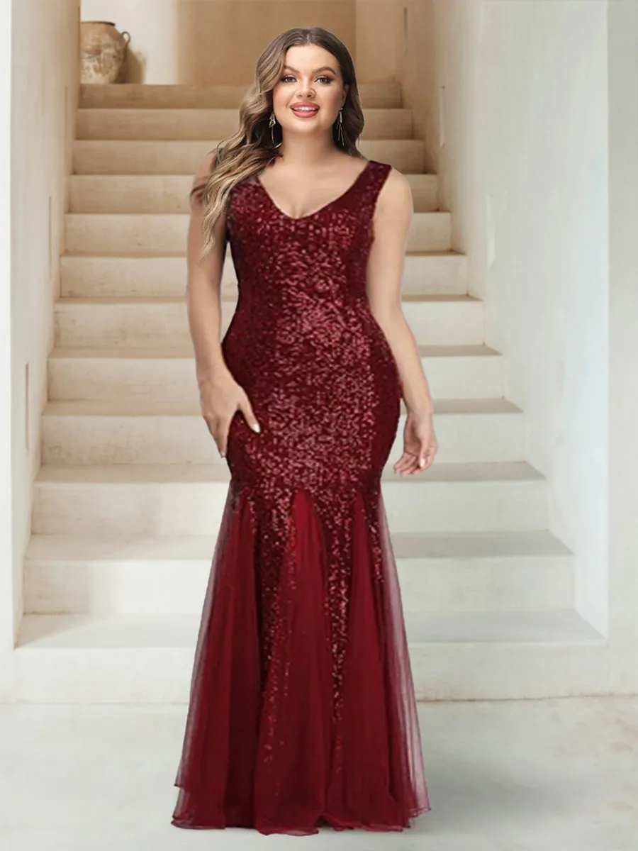 Sparkly Trumpet/Mermaid V-Neck Sleeveless Floor-Length Plus Size Bridesmaid Dresses sold by Lavetir