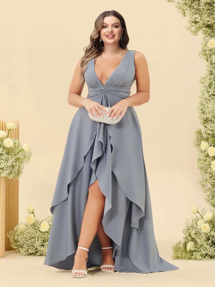 A-Line/Princess Asymmetrical V-Neck Plus Size Bridesmaid Dresses With Ruffles sold by Lavetir