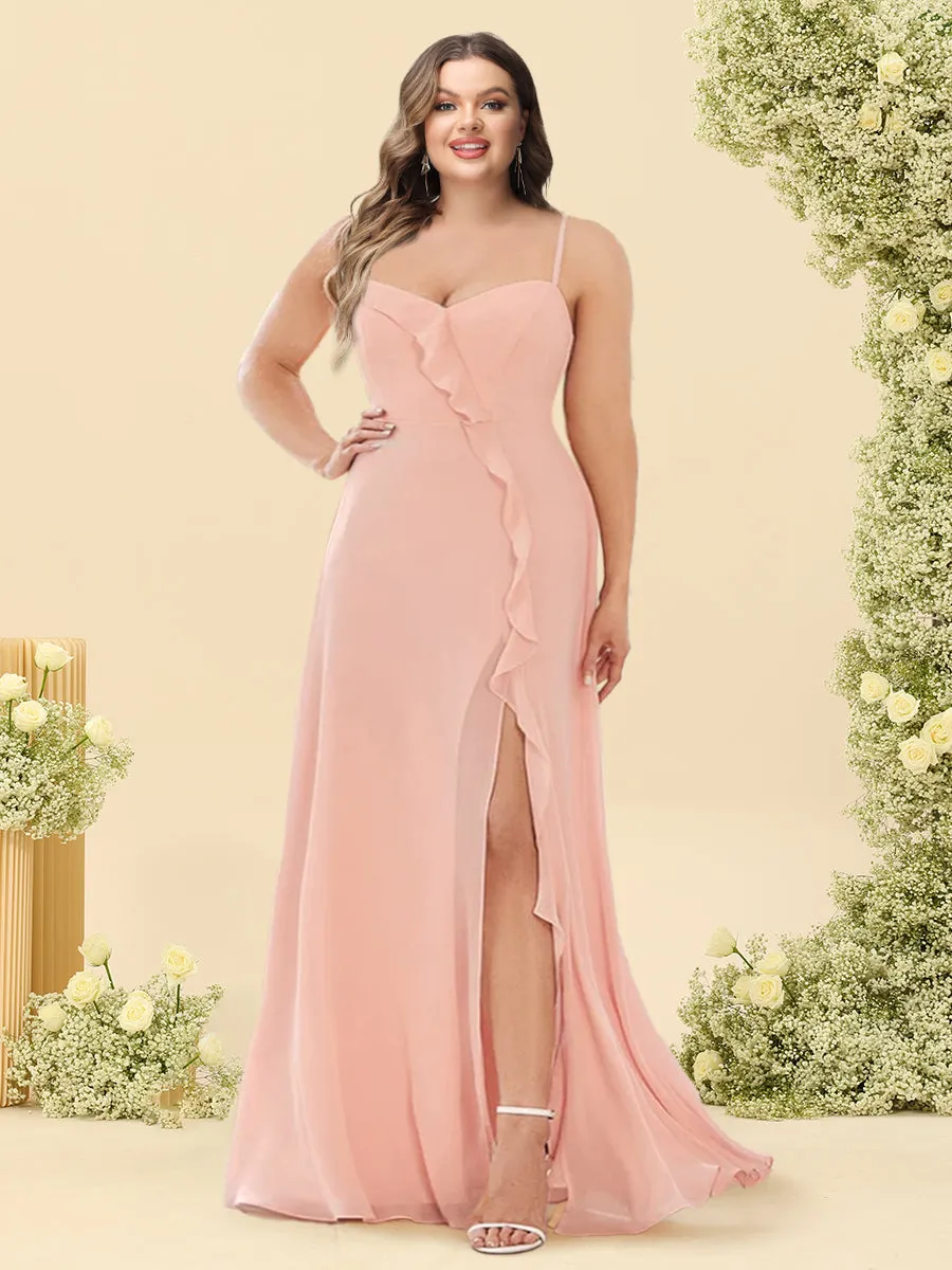 A-Line/Princess Spaghetti Straps Split Side Plus Size Bridesmaid Dresses With Ruffles sold by Lavetir