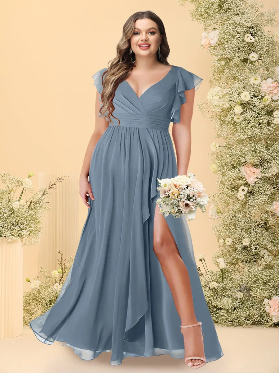 A-Line/Princess V-Neck Floor-Length Plus Size Bridesmaid Dresses With Split Side sold by Lavetir