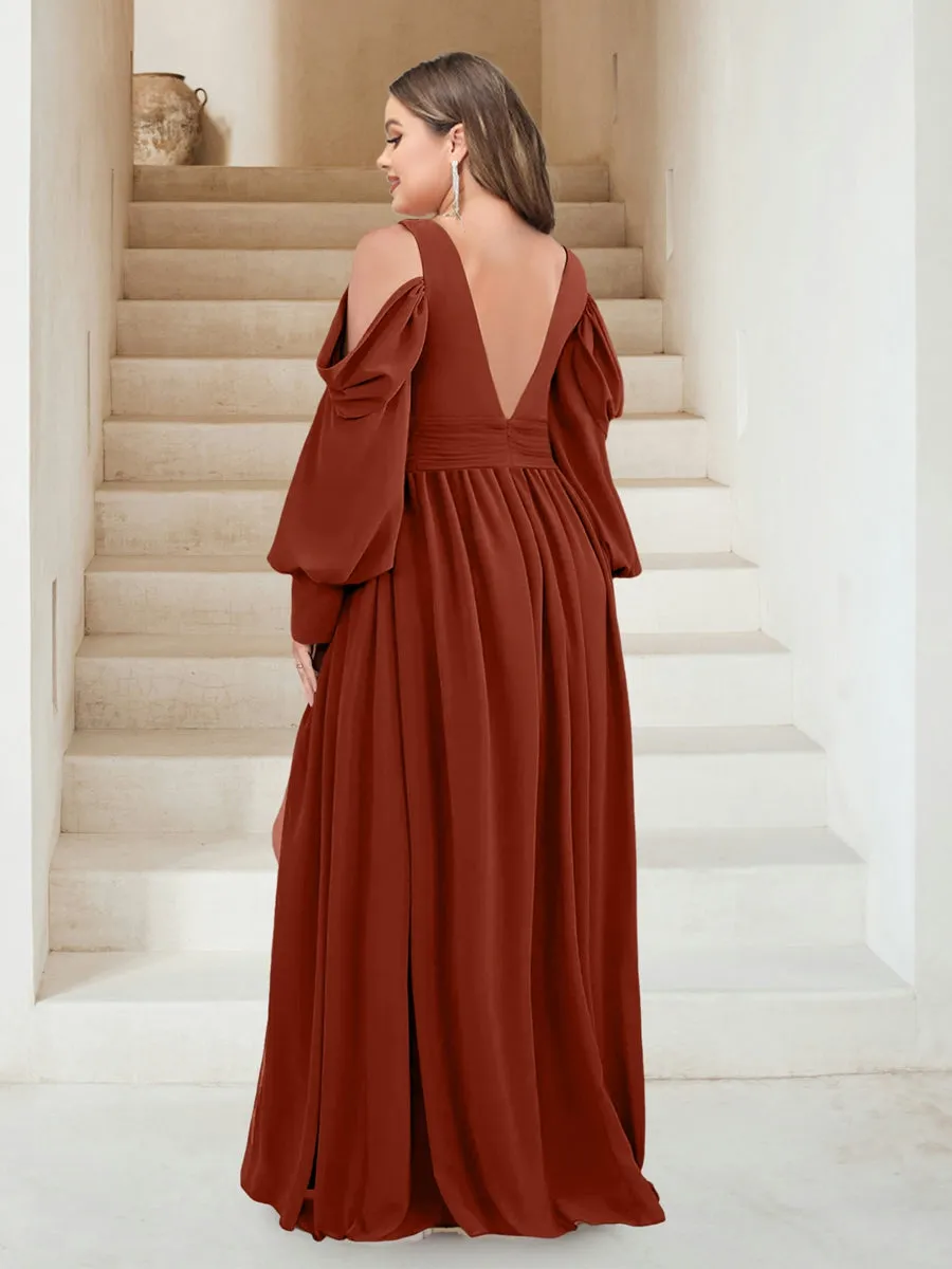 A-Line V-Neck Long Sleeves Plus Size Bridesmaid Dresses with Split sold by Lavetir product image thumbnail 2