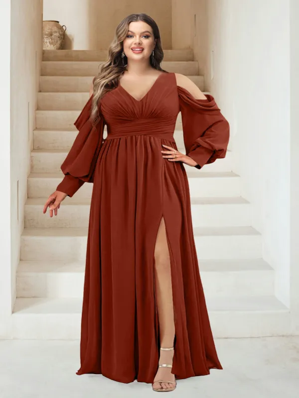 A-Line V-Neck Long Sleeves Plus Size Bridesmaid Dresses with Split sold by Lavetir