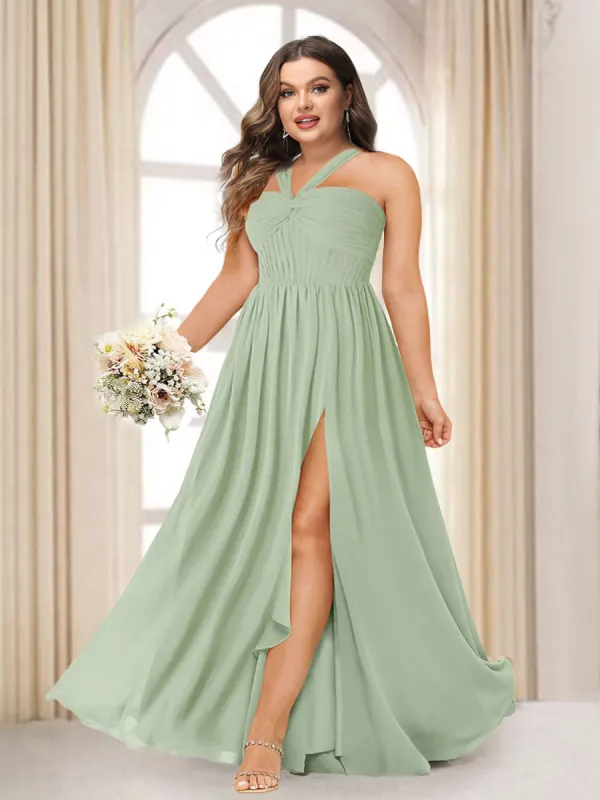 A-Line/Princess Halter Long Plus Size Bridesmaid Dresses with Split Side sold by Lavetir