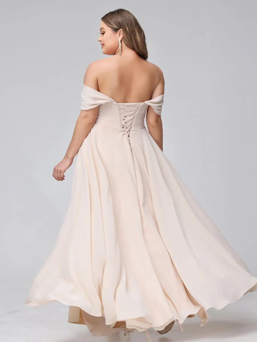 A-Line Off-the-Shoulder Sleeveless Ruched Long Chiffon Plus Size Bridesmaid Dresses with Split Side sold by Lavetir product image thumbnail 2