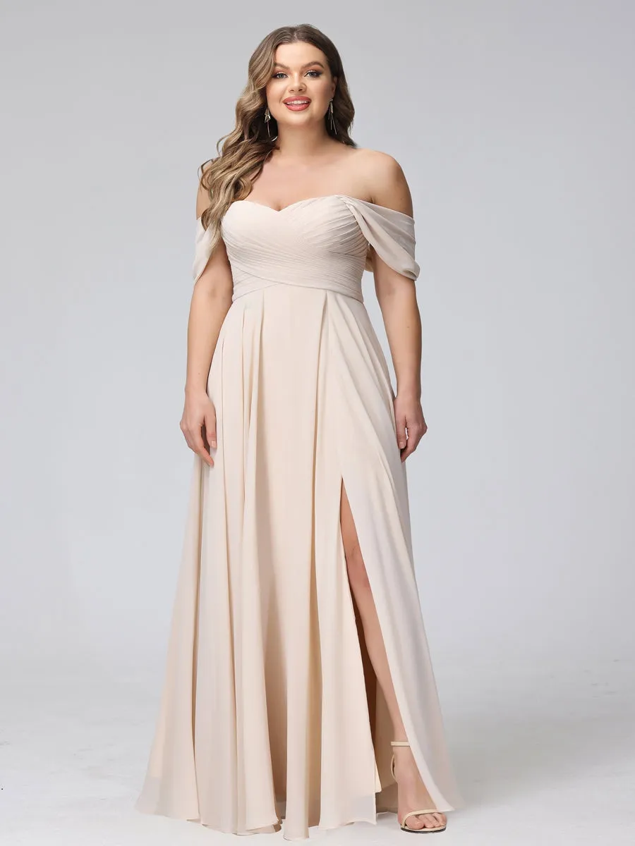 A-Line Off-the-Shoulder Sleeveless Ruched Long Chiffon Plus Size Bridesmaid Dresses with Split Side sold by Lavetir