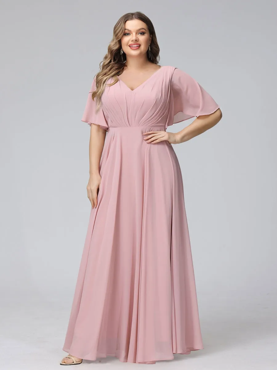 A-Line V-Neck Half Sleeves Long Chiffon Plus Size Bridesmaid Dresses With Ruffles Pockets sold by Lavetir
