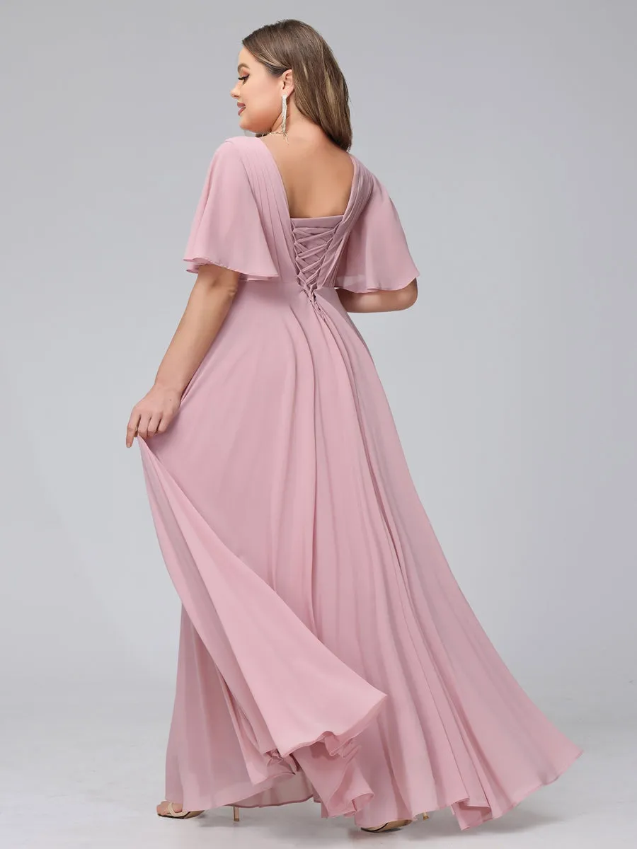 A-Line V-Neck Half Sleeves Long Chiffon Plus Size Bridesmaid Dresses With Ruffles Pockets sold by Lavetir product image thumbnail 2
