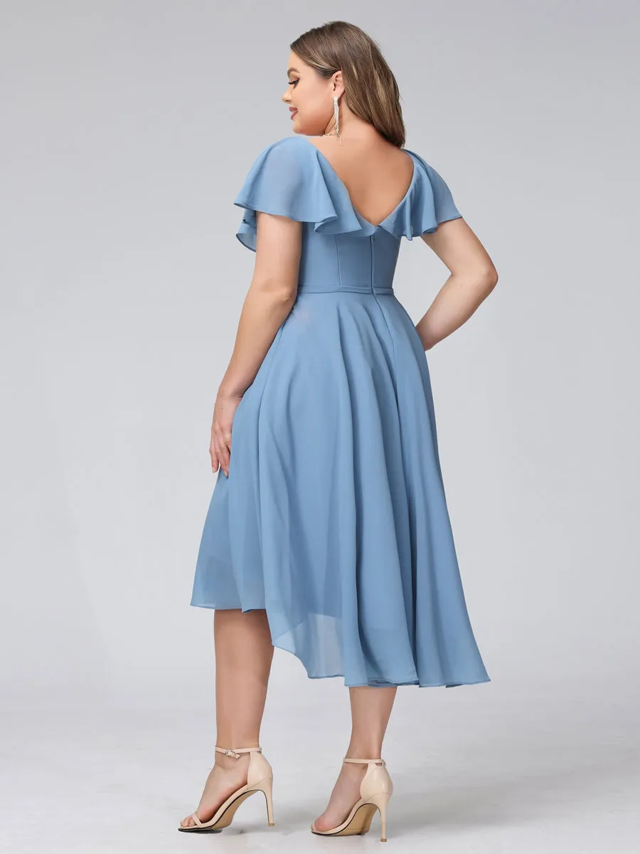 A-Line V-Neck Short Sleeves Asymmetrical Chiffon Plus Size Bridesmaid Dresses With Pockets sold by Lavetir product image thumbnail 2
