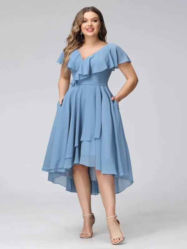 A-Line V-Neck Short Sleeves Asymmetrical Chiffon Plus Size Bridesmaid Dresses With Pockets sold by Lavetir