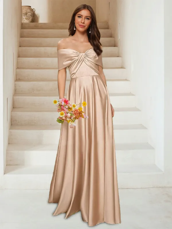 A-Line/Princess Off-the-Shoulder Sleeveless Ruched Bridesmaid Dresses sold by Lavetir