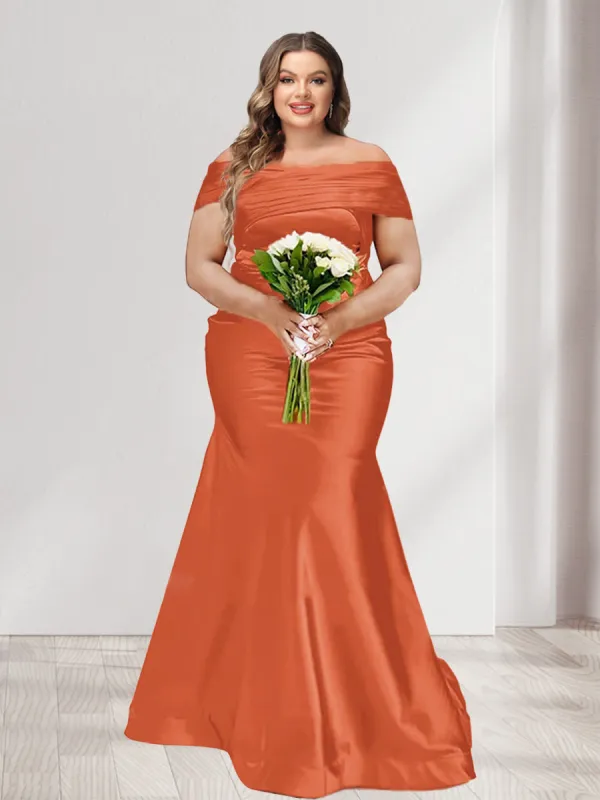 Trumpet/Mermaid Off-the-Shoulder Short Sleeves Ruched Plus Size Bridesmaid Dresses sold by Lavetir
