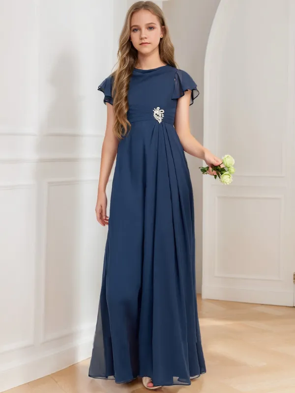 A-Line/Princess Scoop Short Sleeves Sash Junior Bridesmaid Dresses sold by Lavetir