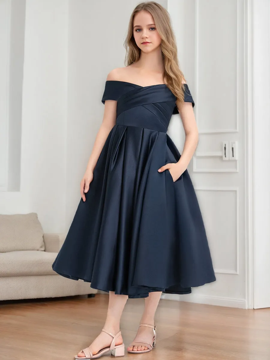 A-Line/Princess Off-the-Shoulder Short Sleeves Ruched Junior Bridesmaid Dresses sold by Lavetir