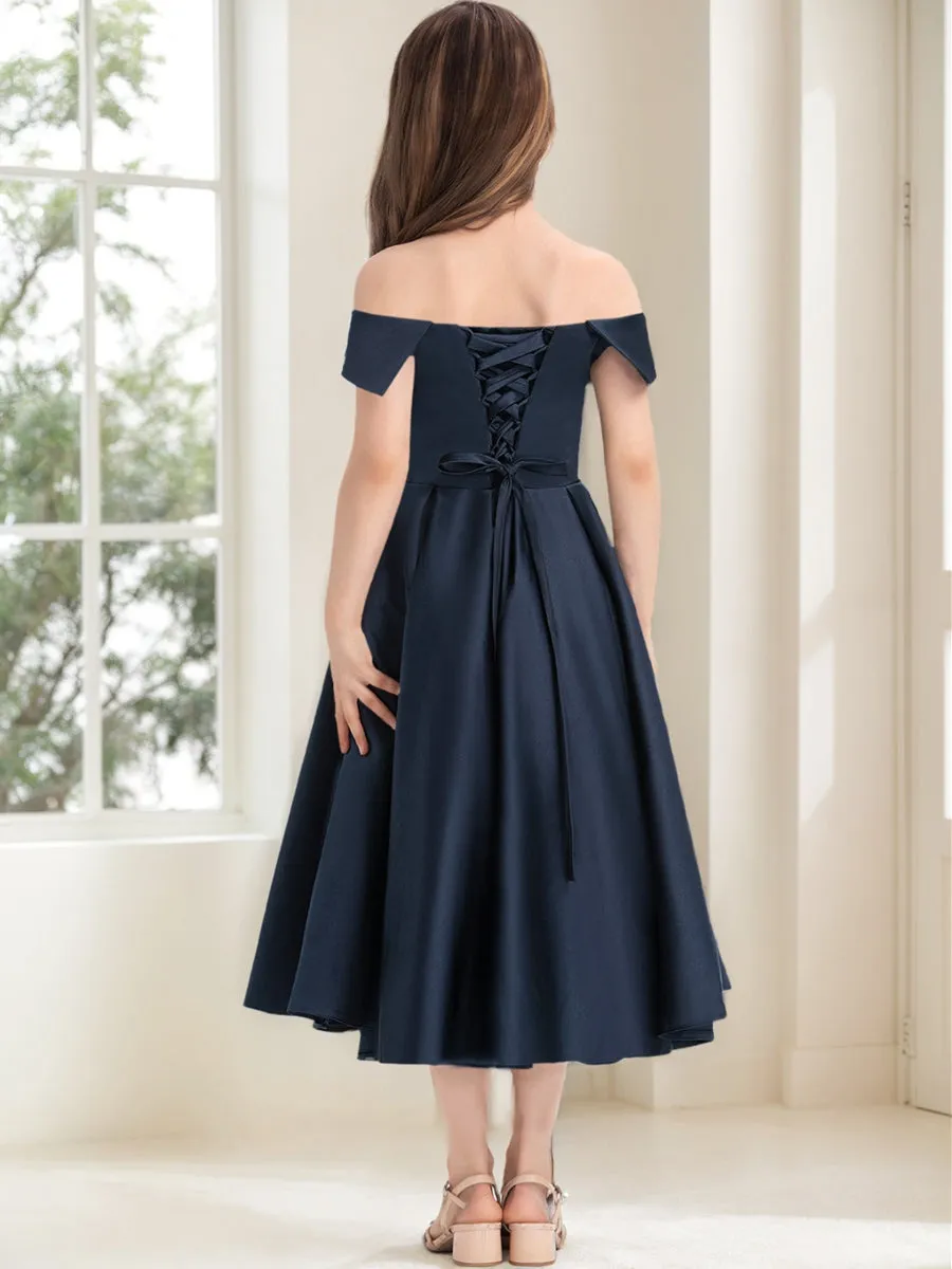 A-Line/Princess Off-the-Shoulder Short Sleeves Ruched Junior Bridesmaid Dresses sold by Lavetir product image thumbnail 2