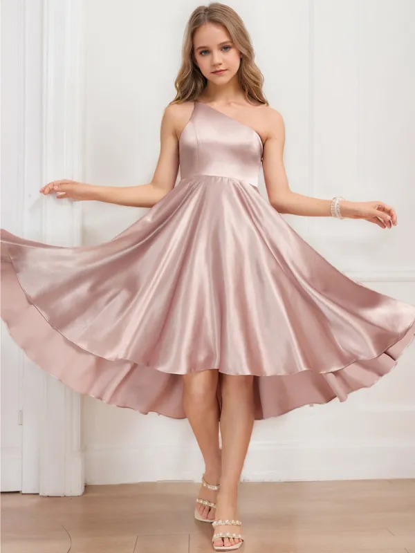 A-Line/Princess One-Shoulder Sleeveless Ruched Junior Bridesmaid Dresses sold by Lavetir