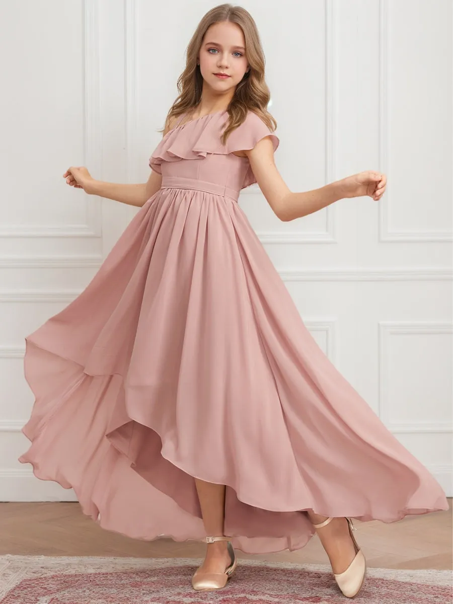 A-Line/Princess Asymmetrical Sleeveless Ruffles Junior Bridesmaid Dresses sold by Lavetir