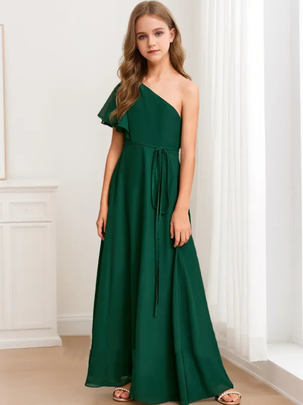 A-Line/Princess One-Shoulder Asymmetrical Belt Junior Bridesmaid Dresses sold by Lavetir