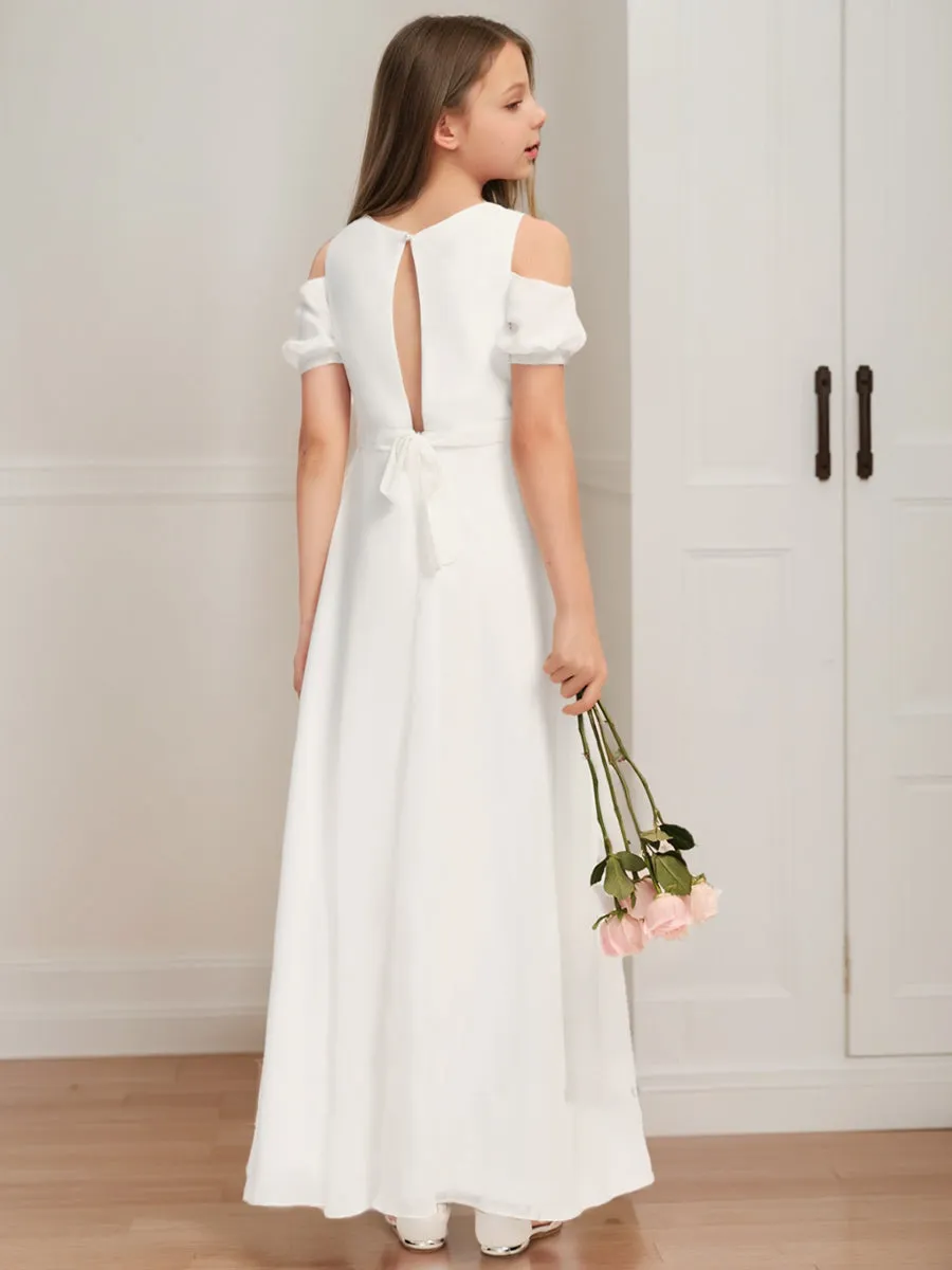 A-Line/Princess Cold Shoulder Short Sleeves Bow Junior Bridesmaid Dresses sold by Lavetir product image thumbnail 2