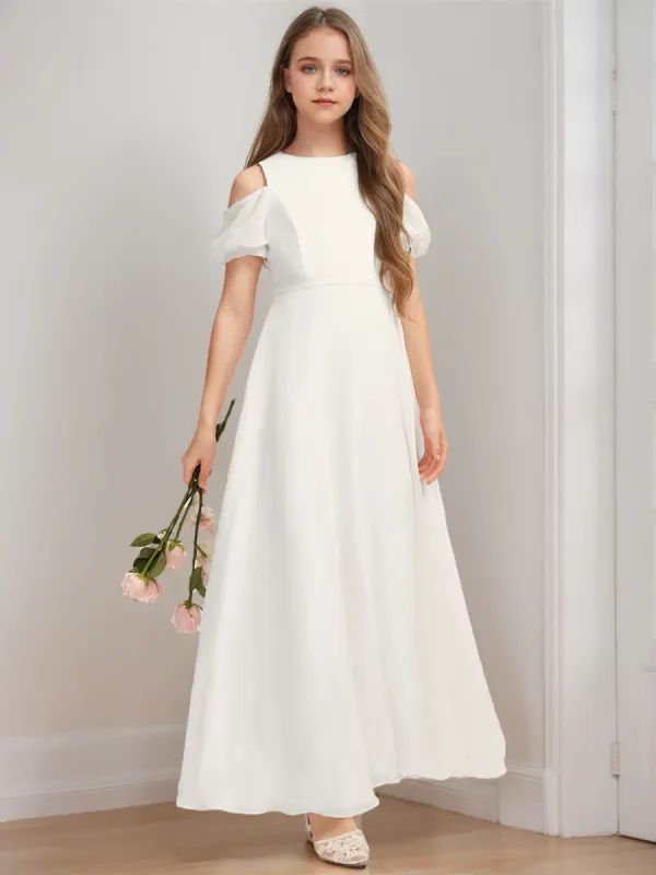 A-Line/Princess Cold Shoulder Short Sleeves Bow Junior Bridesmaid Dresses sold by Lavetir