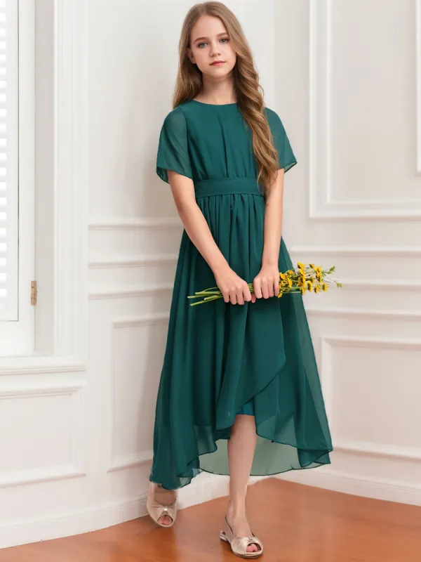 A-Line/Princess Scoop Short Sleeves Ruched Junior Bridesmaid Dresses sold by Lavetir