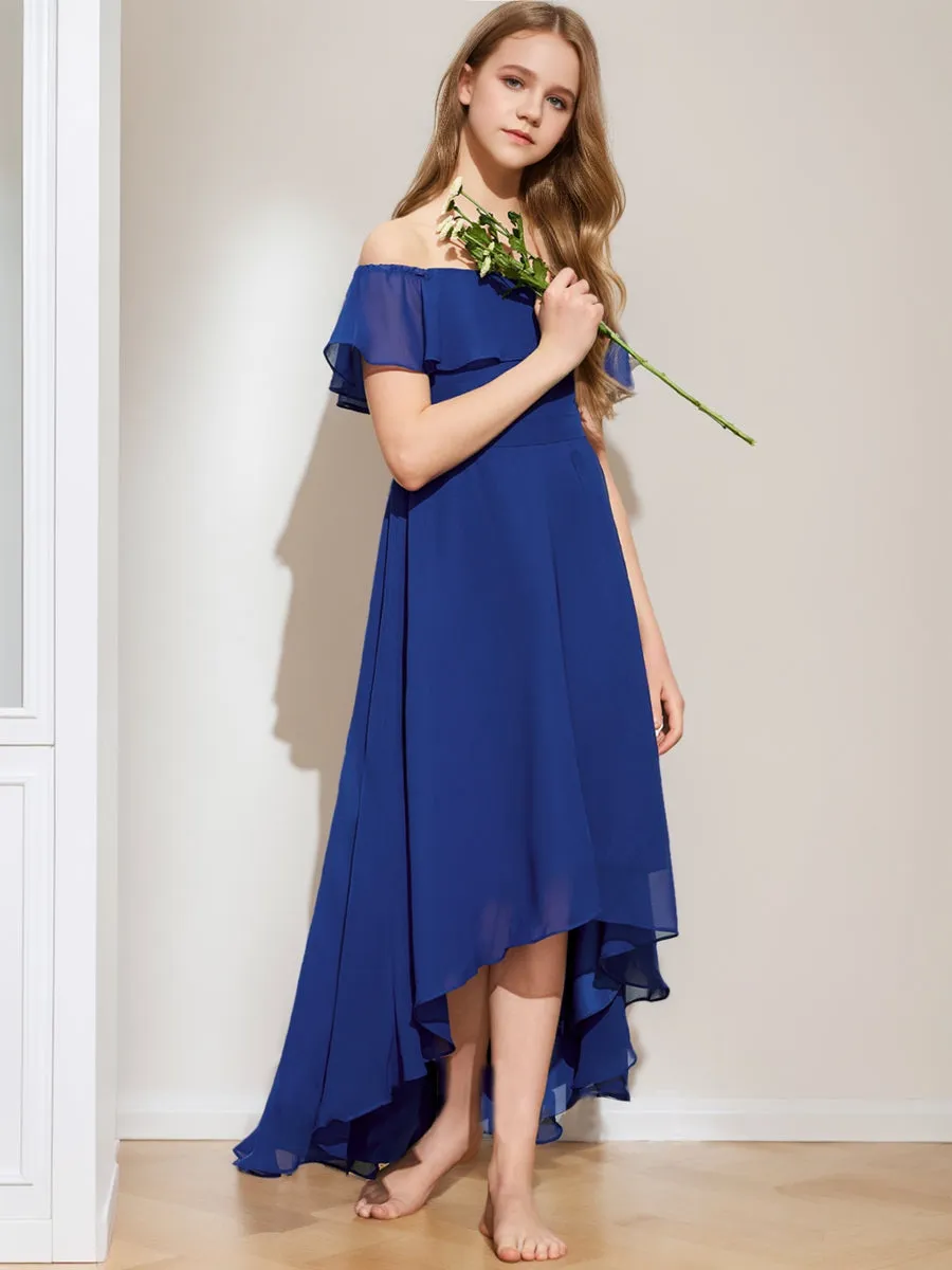 A-Line/Princess Off-the-Shoulder Short Sleeves Ruffles Junior Bridesmaid Dresses sold by Lavetir