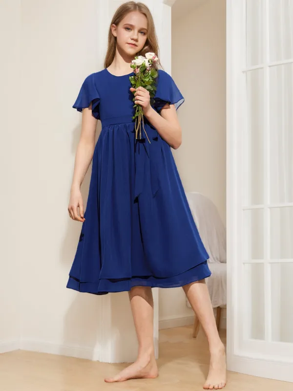 A-Line/Princess Scoop Short Sleeves Belt Junior Bridesmaid Dresses sold by Lavetir