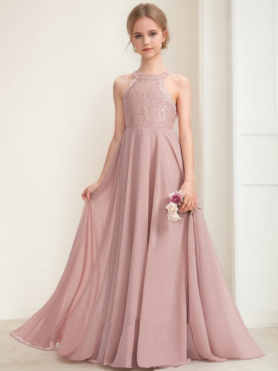 A-Line/Princess Halter Sleeveless Ruched Junior Bridesmaid Dresses sold by Lavetir