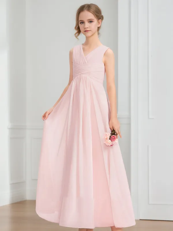A-Line/Princess V-Neck Sleeveless Ruched Junior Bridesmaid Dresses sold by Lavetir