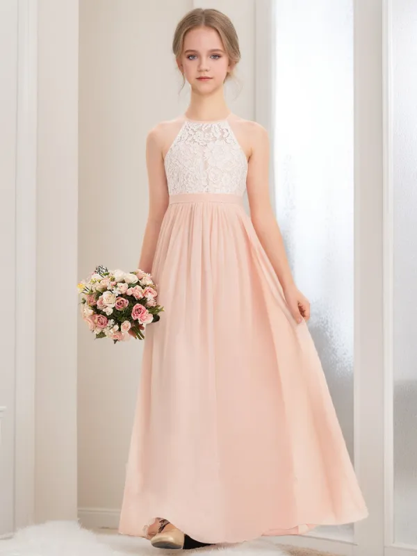 A-Line/Princess Halter Sleeveless Lace Junior Bridesmaid Dresses sold by Lavetir