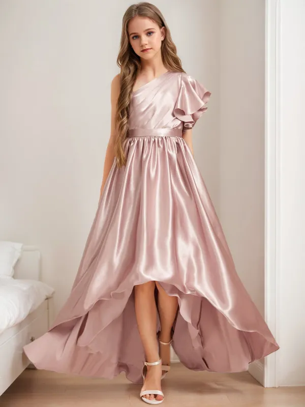 A-Line/Princess One-Shoulder Asymmetrical Pleats Junior Bridesmaid Dresses sold by Lavetir