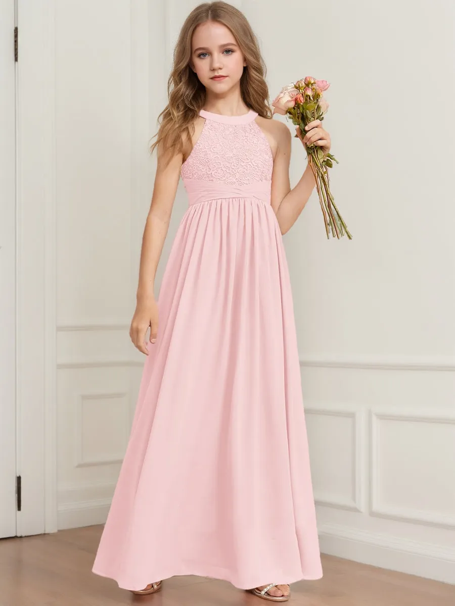 A-Line/Princess Halter Sleeveless Lace Junior Bridesmaid Dresses sold by Lavetir