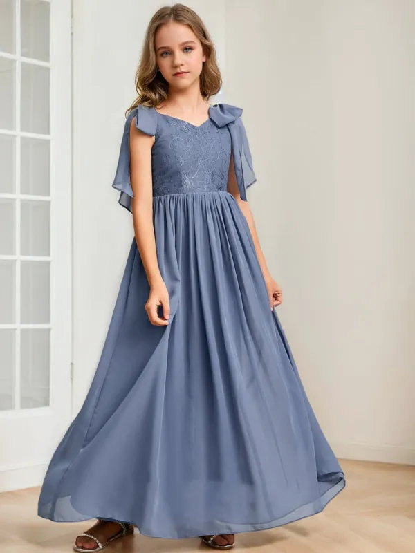 A-Line/Princess V-Neck Sleeveless Bow Junior Bridesmaid Dresses sold by Lavetir