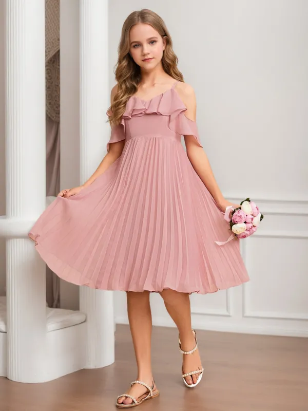 A-Line/Princess Cold Shoulder Short Sleeves Ruffles Junior Bridesmaid Dresses sold by Lavetir